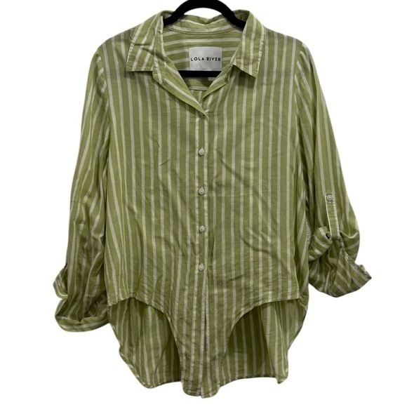 Lola River Green Striped Women's High-Low Button Down Size L - Picture 1 of 3